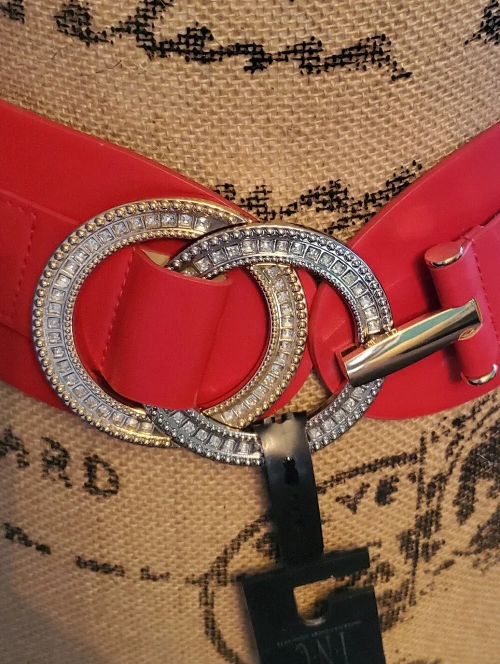 INC Red Wide Women's Stretch Belt with Crystal Interlocking Buckle Large-XL NEW